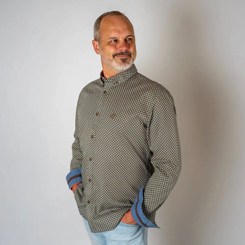 Chemise homme à manches longues marron en popline fantaisie