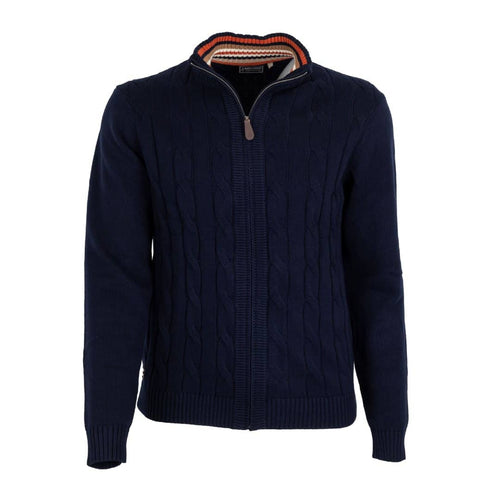 Pull full zip torsadé bleu marine en coton et cachemire