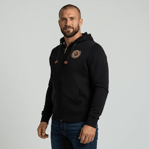 Sweat à capuche zippé noir brodé d'un ballon de rugby BACK TO LEGEND
