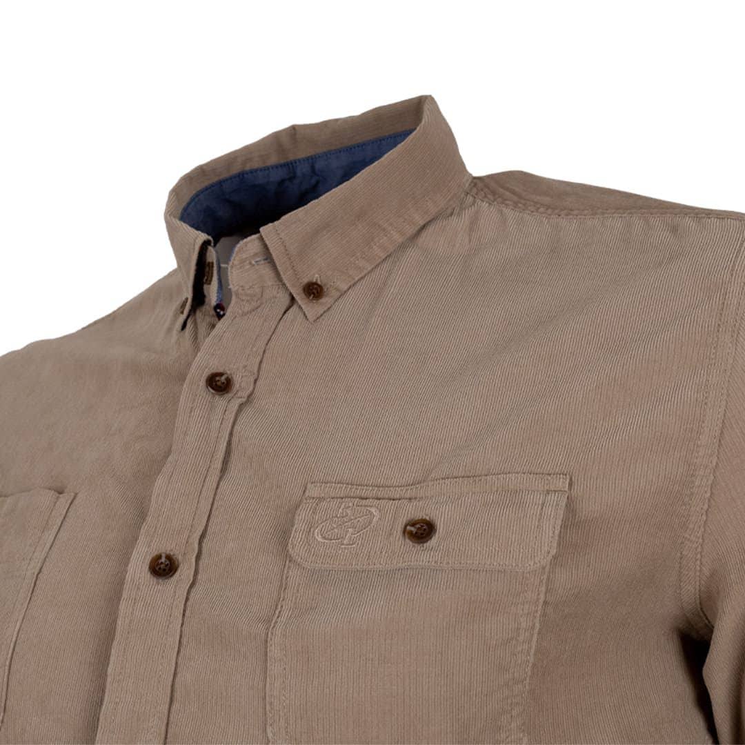 Chemise beige à manches longues en velours côtelé (zoom poitrine)
