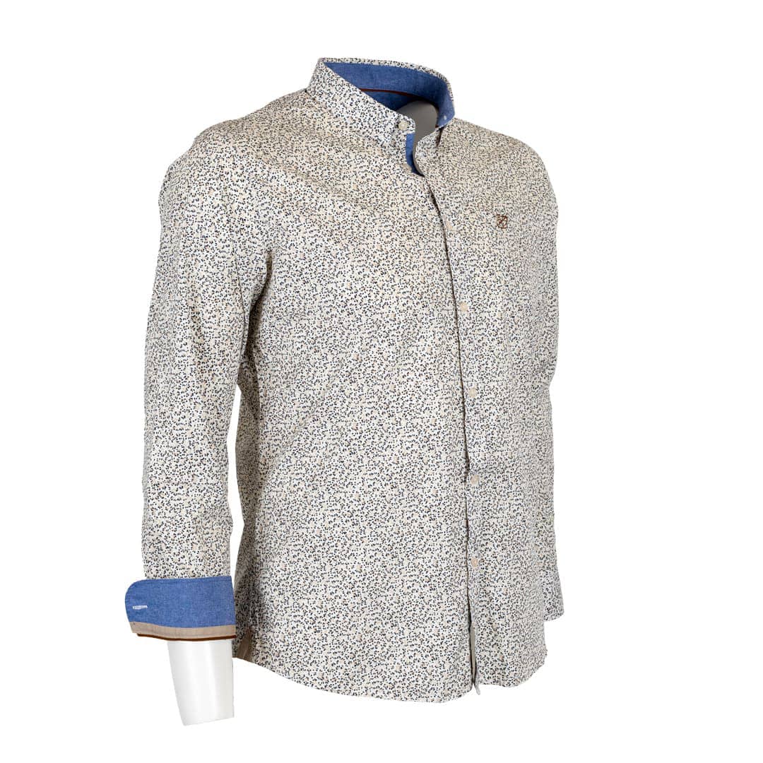 Chemise à manches longues blanche fleurie en popline (vue de 3/4 face)