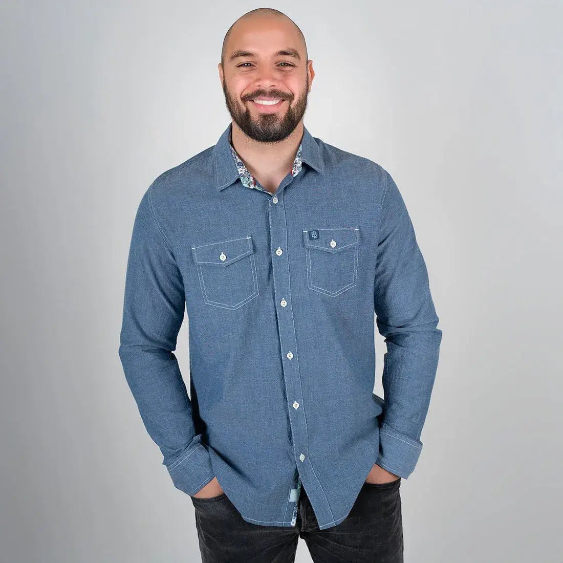 Chemise homme bleu moyen en chambray (manches longues) - Blacks Legend