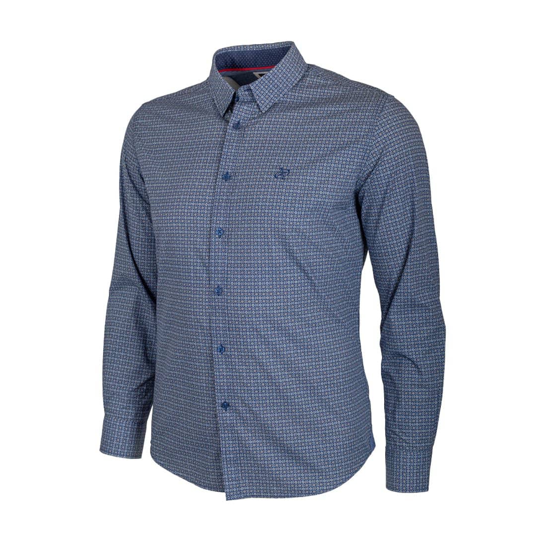 Chemise bleue à manches longues en popline micro géométrique (vue de 3/4 face)