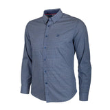 Chemise bleue à manches longues en popline micro géométrique (vue de 3/4 face)
