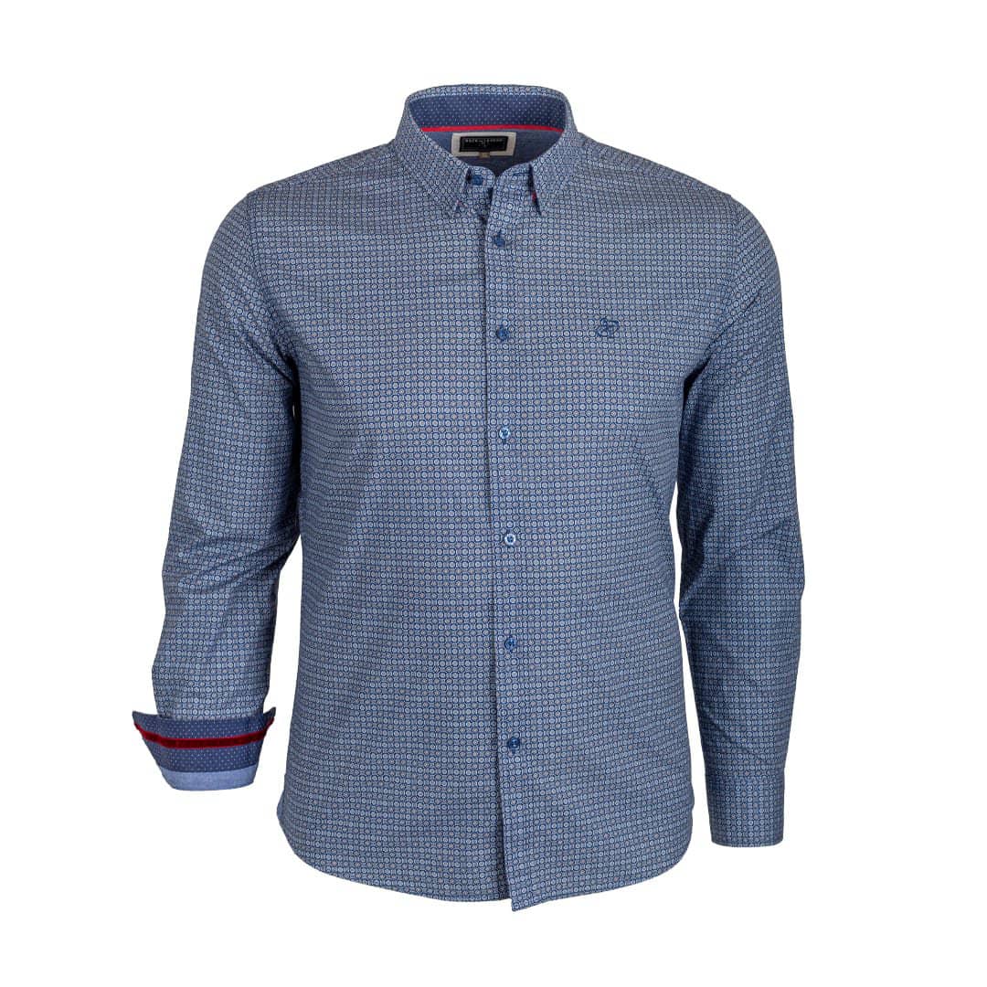 Chemise bleue à manches longues en popline micro géométrique