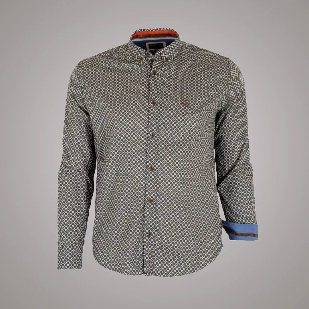 Chemise homme à manches longues marron en popline fantaisie (vue de face)