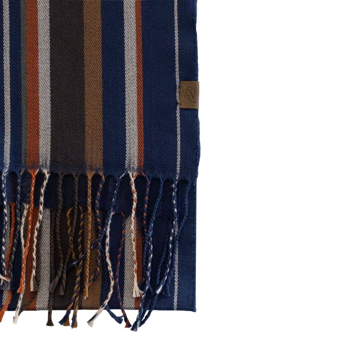Écharpe bleu marine à franges et rayures multicolores