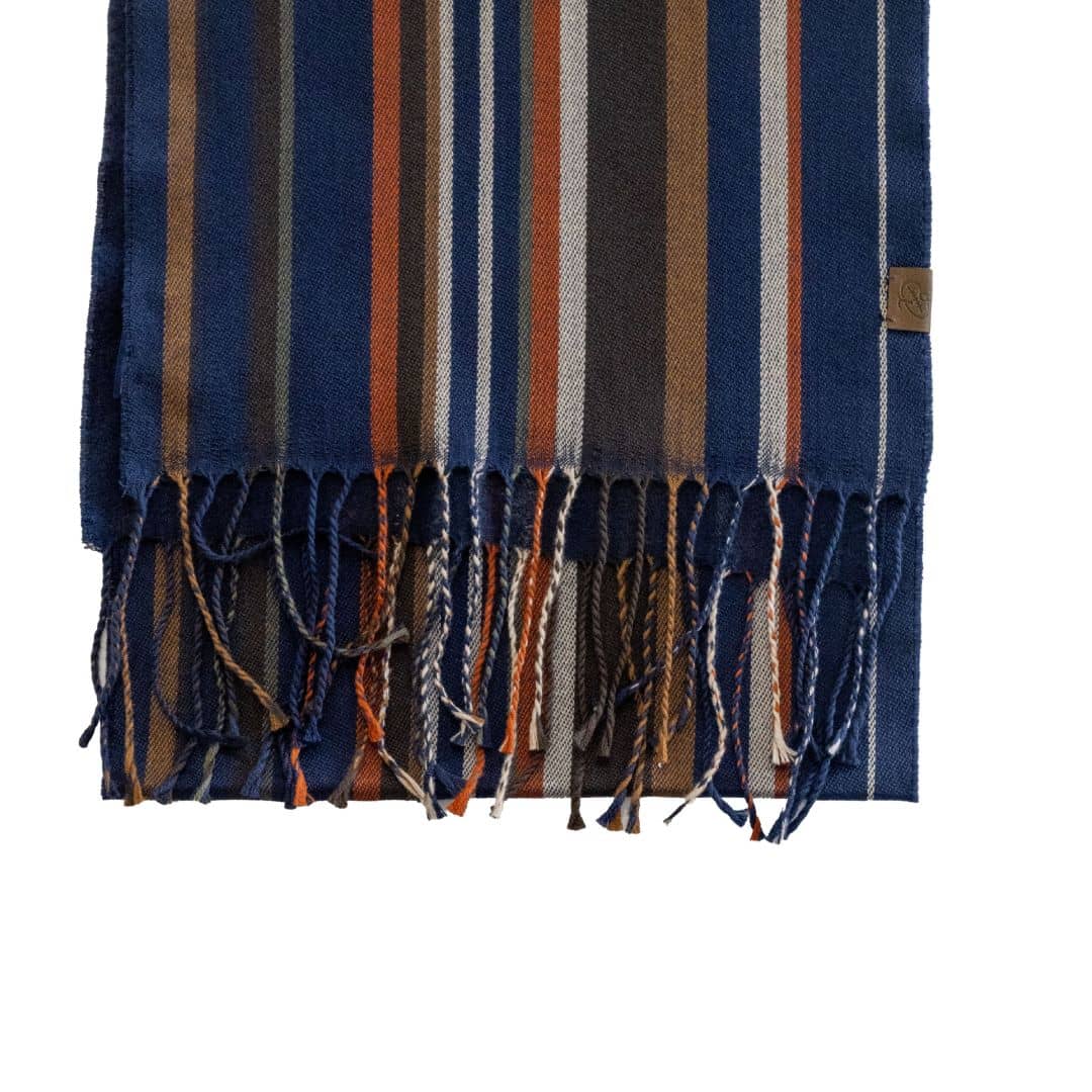 Écharpe bleu marine à franges et rayures multicolores