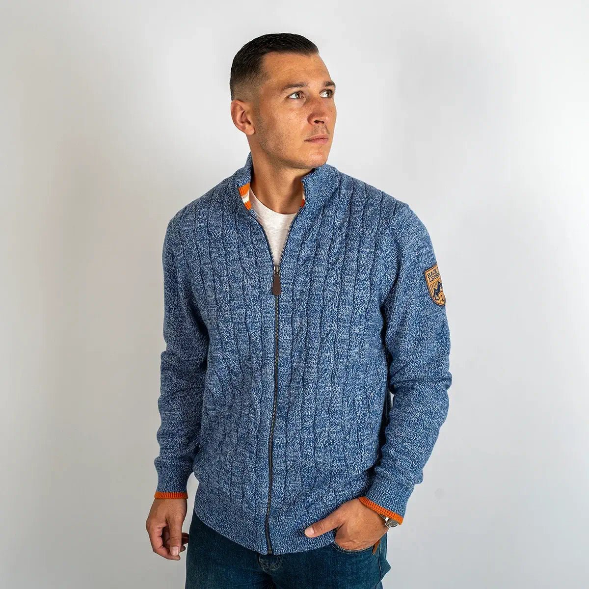 Gilet full zip torsadé bleu BACK to LEGEND en coton et cachemire