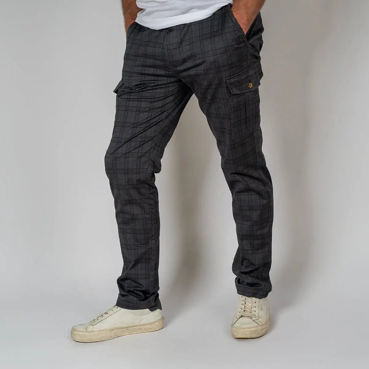 Pantalon cargo gris à carreaux pour hommes - BACK TO LEGEND