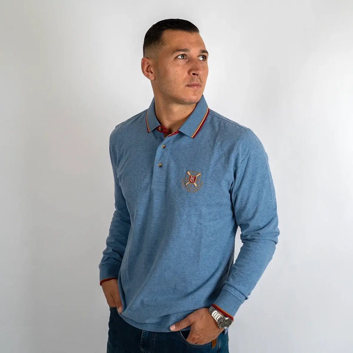 Polo homme Clubhouse bleu chiné à manches longues BACK to LEGEND