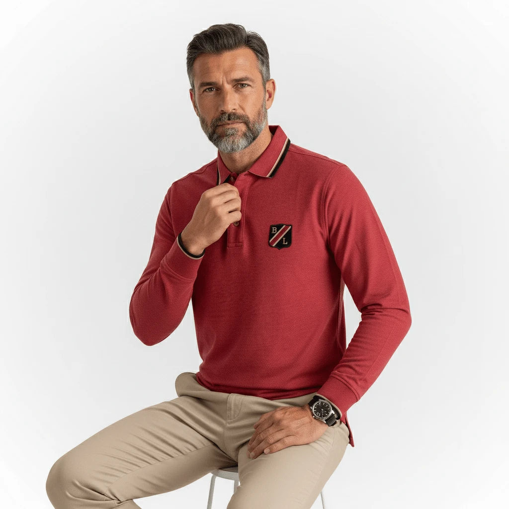 Polo homme Clubhouse rouge chiné à manches longues BACK TO LEGEND