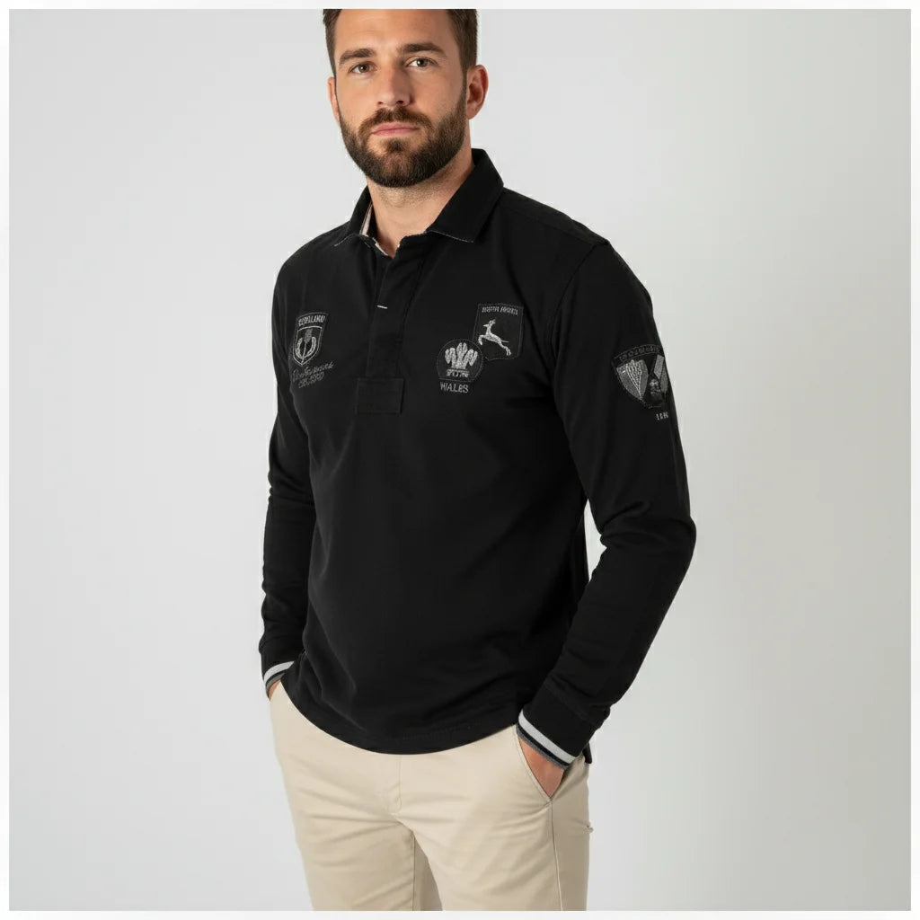 Polo noir homme à manches longues Barbarians multi-badge