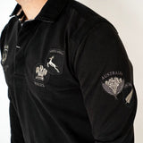 Polo noir homme à manches longues Barbarians multi-badge (vue de profil)