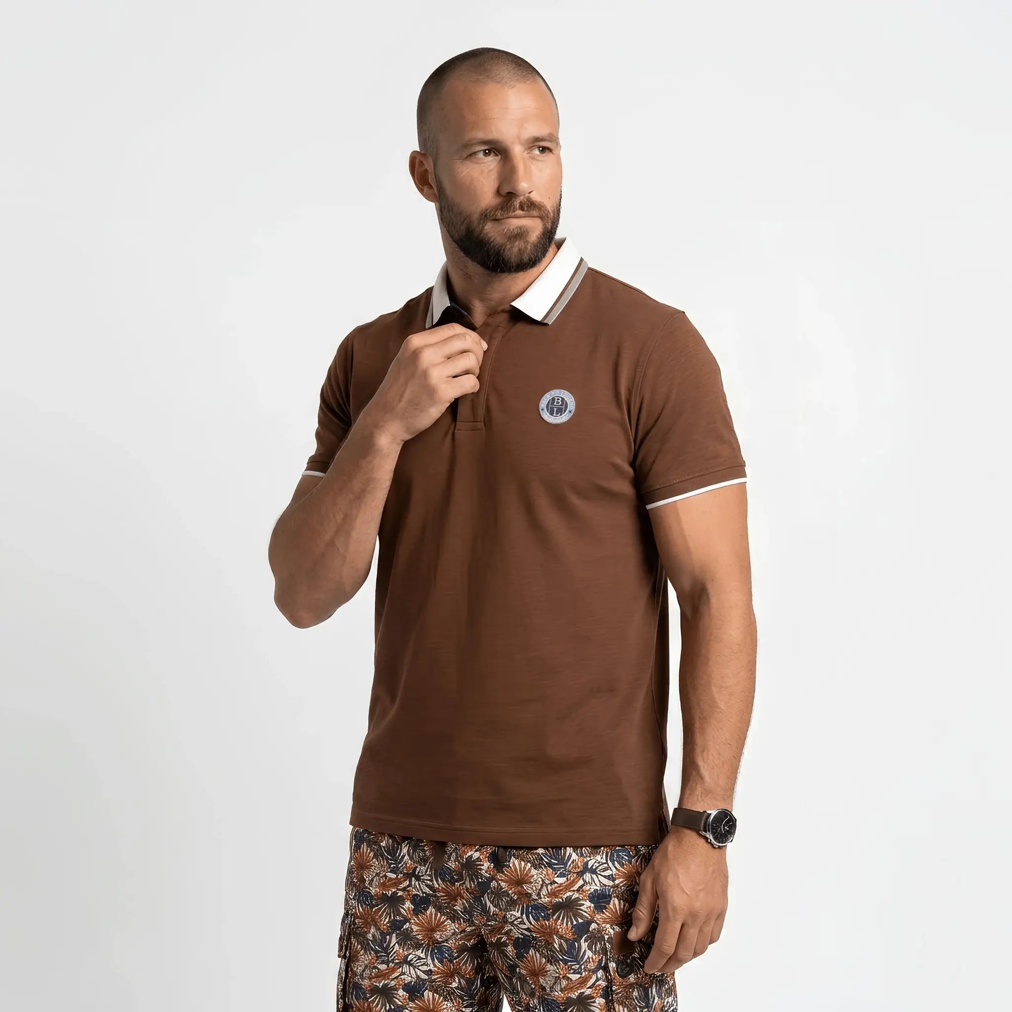Polo slub marron col contrasté BACK to LEGEND