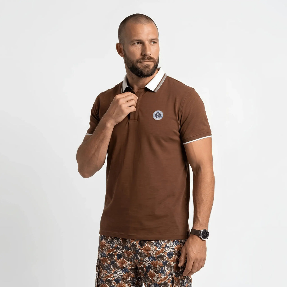 Polo slub marron col contrasté BACK to LEGEND
