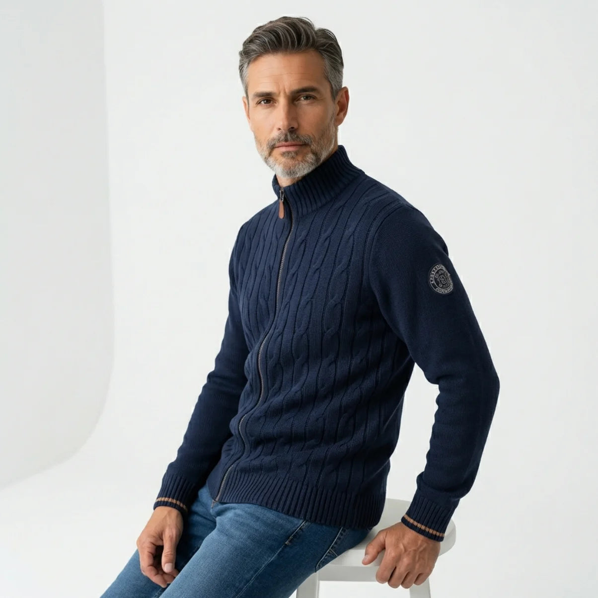 Pull bleu full zip torsadé pour homme BACK to LEGEND