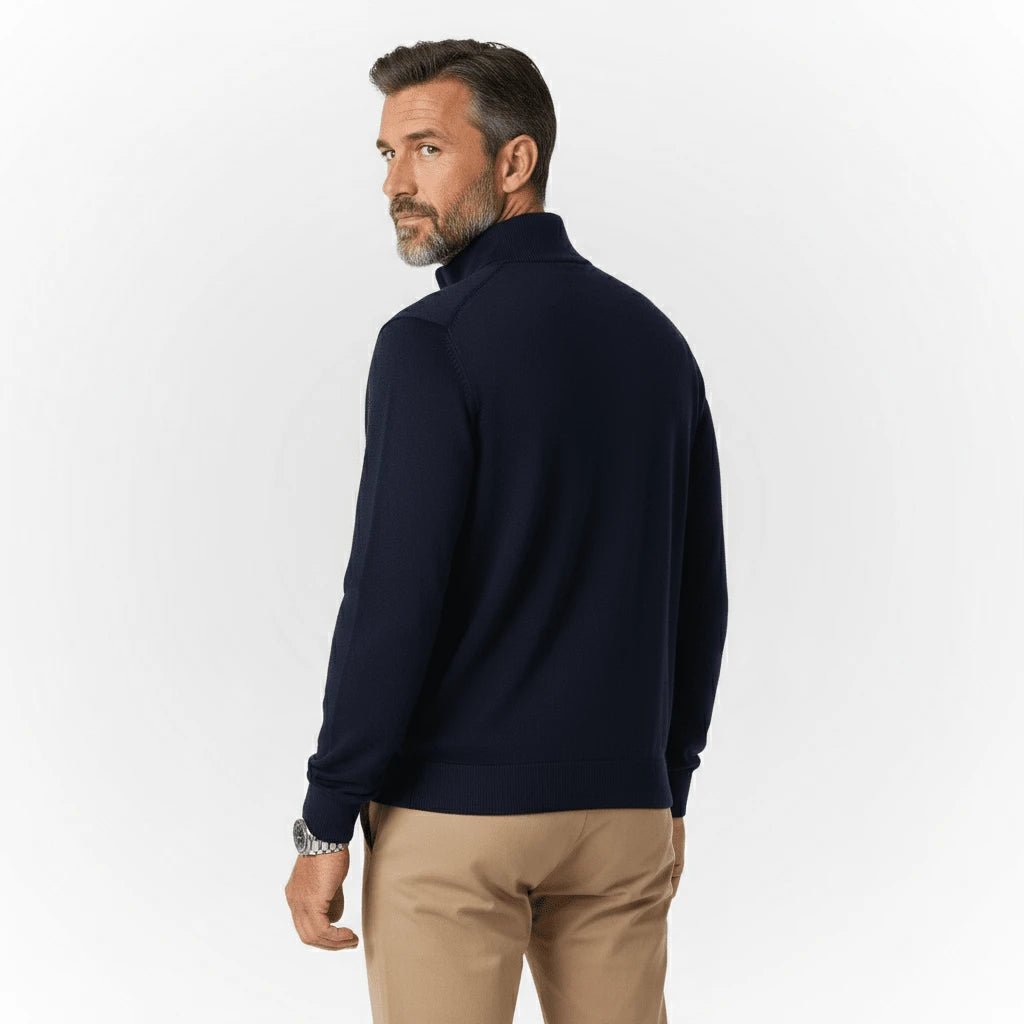 Pull col camionneur bleu marine en coton et cachemire pour homme BACK to LEGEND (vue de dos)