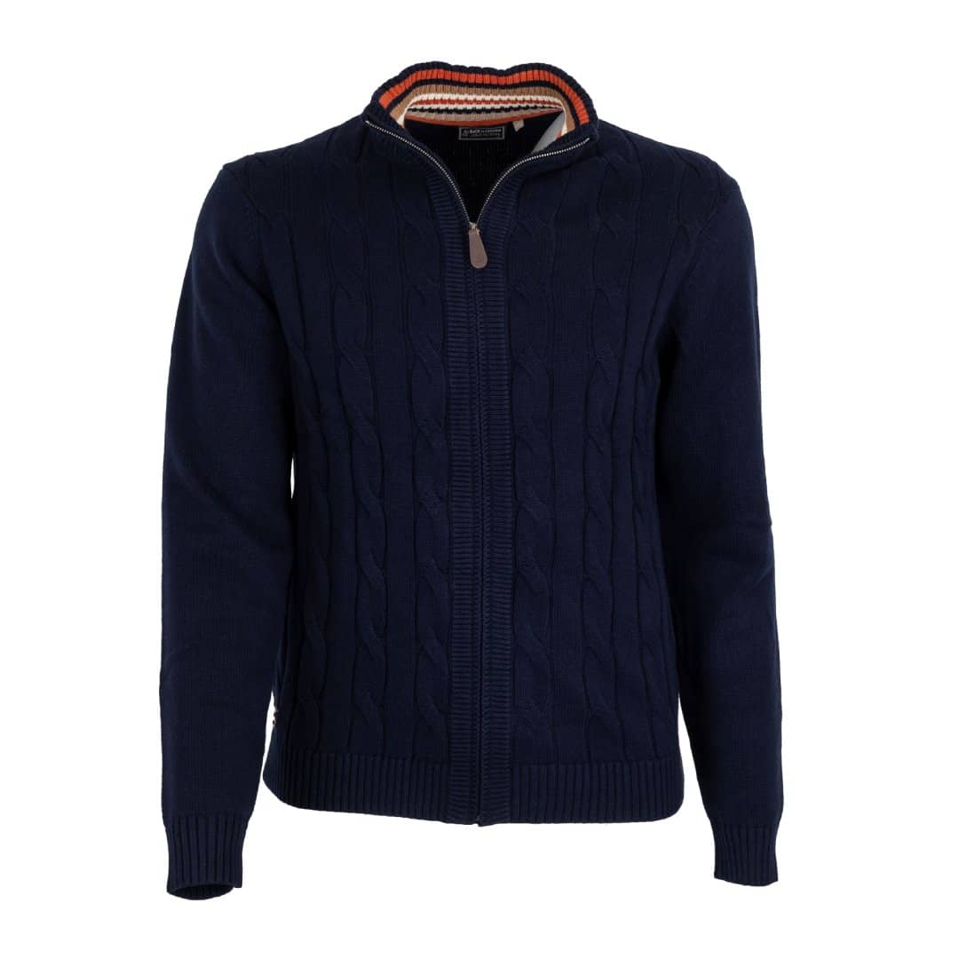 Pull full zip torsadé bleu marine en coton et cachemire