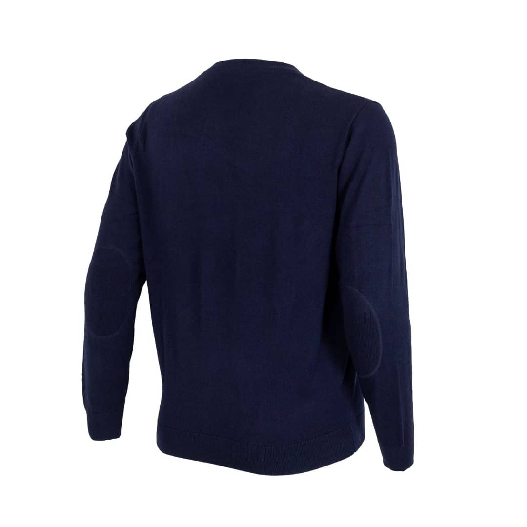 Pull homme couleur indigo col V (vue de 3/4 dos)