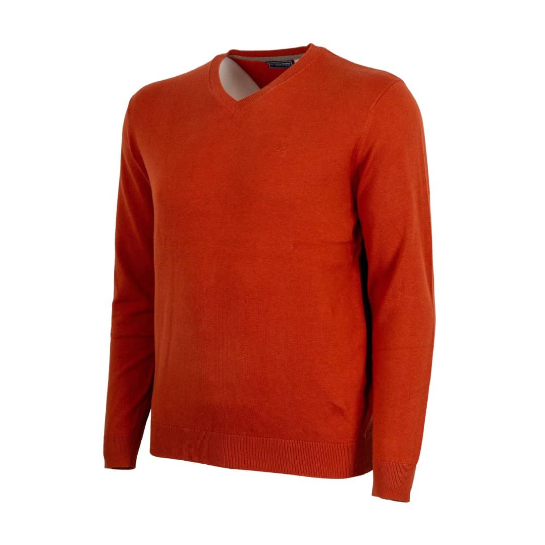 Pull homme orange col v en coton et cachemire (vue de 3/4 face)