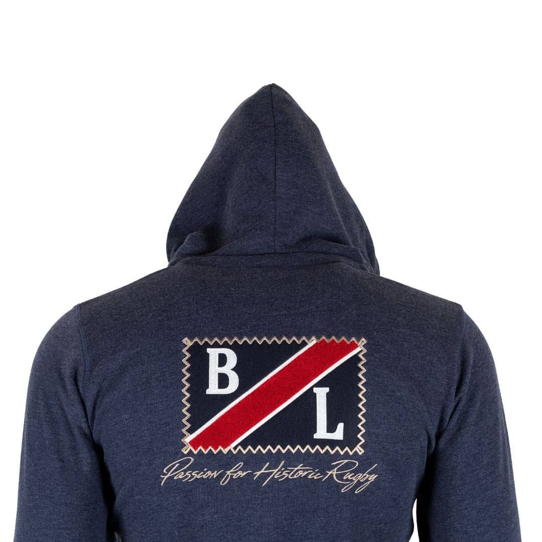 Sweat à capuche zippé bleu marine (zoom broderie dorsale)