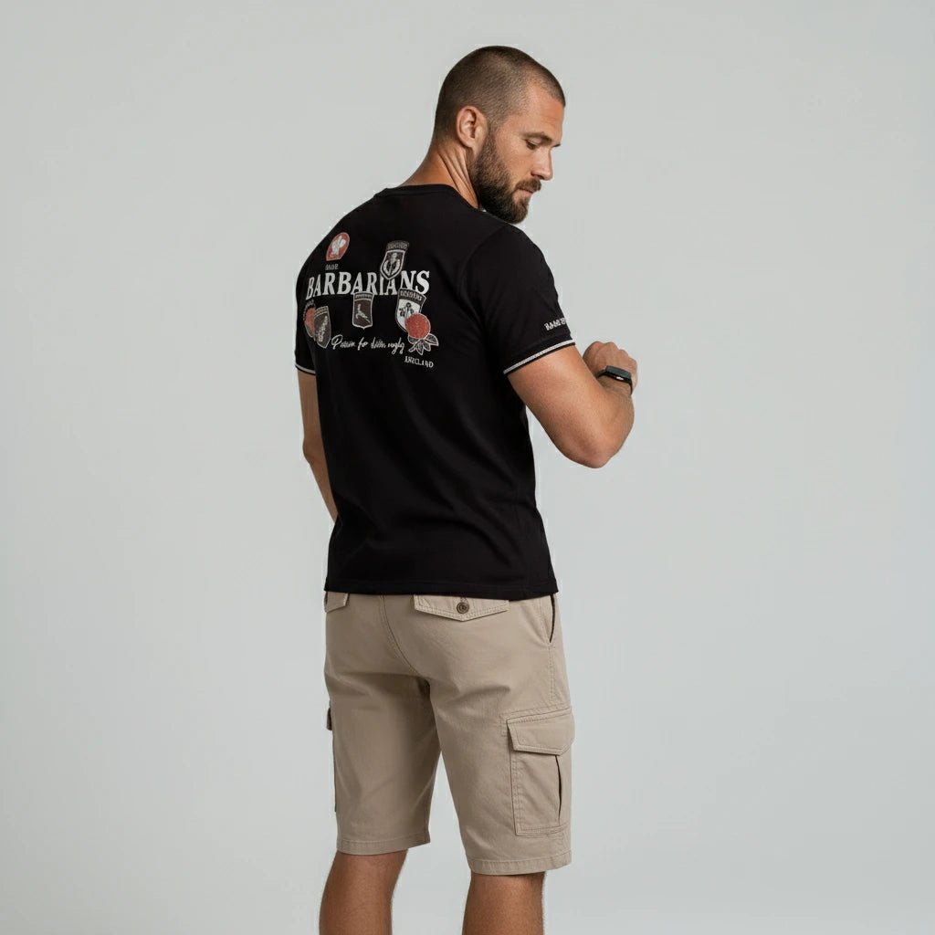 T-shirt noir col V Barbarians BACK TO LEGEND (vue de 3/4 dos)
